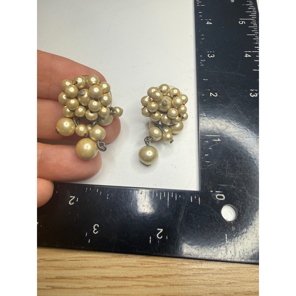 Vintage Faux Pearl Cluster Drop Screw Back Earrings Cream Champagne Tones